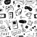 Video game hand drawn doodle seamless pattern. Video gamer console, joystick, controller element Royalty Free Stock Photo