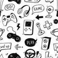 Video game hand drawn doodle seamless pattern. Video gamer console, joystick, controller element Royalty Free Stock Photo