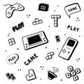 Video game hand drawn doodle set. Retro vibe. Video gamer console, tetris, joystick, controller element. Computer retro Royalty Free Stock Photo