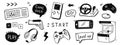 Video game hand drawn doodle set. Video gamer console, joystick, gadget element