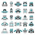 Video game labels. Gaming console cybersport logo joystick controller symbols of entertainment club vector collection Royalty Free Stock Photo