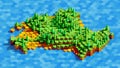 Video Game Landscape of Green Island With Fir Trees in the Ocean Out of Hexagonal Blocks. Isometric Illustration