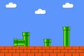 Video game in old style. Retro display background for game with bricks and pipe or tube. Vector.