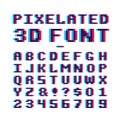 Video game pixelated 3d font. 8 bit pixel art old school latin alphabet with anaglyph distortion effect