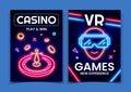 Video game poster. Online casino and VR games. Neon glasses and roulette jackpot. Computer club or Virtual gaming Royalty Free Stock Photo