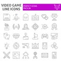 Video game thin line icon set, play symbols collection, vector sketches, logo illustrations, player signs linear Royalty Free Stock Photo