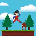 Video game warrior jumping in pixelated scene