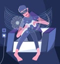 Video gamer concept vector. Video game streamer in virtual glasses. Cyber sport, pro gamer is sitting on sofa in night