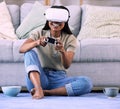 Video games, black woman and virtual reality headset on home floor for online gaming, ar and relax. Gamer person with