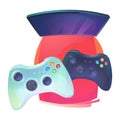 Video games with joystick and TV plasma. Joypad or controller, plastic pad for console entertainment and home leisure