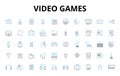 Video games linear icons set. Adventure, Console, eSports, Fun, Gaming, Graphics, Immersive vector symbols and line