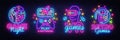 Video Games logos collection neon sign Vector design template. Conceptual Vr games, Retro Game night logo in neon style Royalty Free Stock Photo