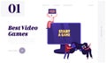 Video Games, Gaming Entertainment Recreation, Hobby Landing Page Template. Tiny Characters Playing Videogames at Huge Pc