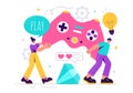 Video Games Vector Illustration with Programmers Playing Gamepad Controllers in Console Fights on Android, Mobile, and Computer