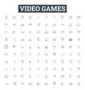 Video games vector line icons set. Gaming, consoles, Xbox, PlayStation, Nintendo, Action, RPG illustration outline