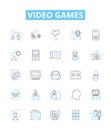 Video games vector line icons set. Gaming, consoles, Xbox, PlayStation, Nintendo, Action, RPG illustration outline