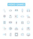 Video games vector line icons set. Gaming, consoles, Xbox, PlayStation, Nintendo, Action, RPG illustration outline