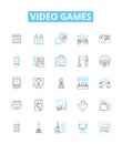 Video games vector line icons set. Gaming, consoles, Xbox, PlayStation, Nintendo, Action, RPG illustration outline