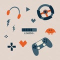 Video gaming elements set. Game console, joystick, controller, playing wheel isolated illustrations. Video game logos Royalty Free Stock Photo