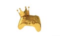 Video gaming gold winning medal. Game controller with a golden crown. 3D Rendering