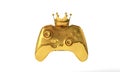 Video gaming gold winning medal. Game controller with a golden crown. 3D Rendering