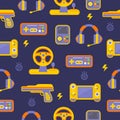 Video gaming seamless pattern. Joystick, digital computer game flat gadgets. Elements for online game, retro