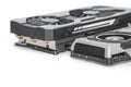 Two Video Graphics cards with powerful GPU isolated on white