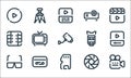 Video line icons. linear set. quality vector line set such as video camera, memory card, d glasses, shutter, tape, film, lens,