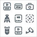 Video line icons. linear set. quality vector line set such as cctv, video player, lens, focus, high definition, tripod, camera,