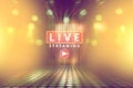 Video Live Streaming Text In Concert Hall With Colourful Light Background, Television Broadcast In Main Streaming Concept