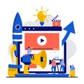 Video marketing campaign concept with tiny character. People creating content, streaming live vlog flat vector illustration.