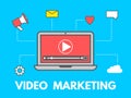 Video marketing concept. Laptop with business icons on blue background. Social network and media. Video content Royalty Free Stock Photo