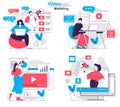 Video marketing concept set. Creation and promotion advertising information video. People isolated scenes in flat design. Vector