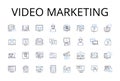 Video marketing line icons collection. Social media, Digital advertising, Virtual event, Email marketing, Search engine