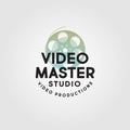 Video Master logo. Video Production Studio emblem. Symbol of cine-film with letters.