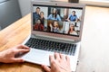 Video meeting on laptop screen, zoom app Royalty Free Stock Photo