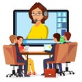 Video Meeting Online Vector. Woman And Chat. Ceo And Employees. Business Meeting, Consultation, Conference Office