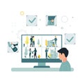 Video monitoring. A vector illustration of a man looks at the monitor screen, a video surveillance camera captures the theft of a Royalty Free Stock Photo