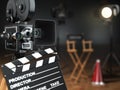 Video, movie, cinema concept. Retro camera, flash, clapperboard Royalty Free Stock Photo