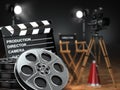 Video, movie, cinema concept. Retro camera, reels, clapperboard Royalty Free Stock Photo