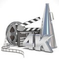 Video, movie, cinema production concept. Reels, clapperboard, megaphone and 4K. 3D Royalty Free Stock Photo