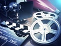 Video, movie, cinema vintage concept. Retro camera, reels and cl Royalty Free Stock Photo