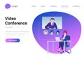 Video Online Chat Conference Communication Technology Flat style vector illustration landing page banner. Businesswoman sitting in Royalty Free Stock Photo