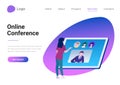 Video Online Chat Conference Communication Technology Flat style vector illustration landing page banner. Businesswoman standing Royalty Free Stock Photo