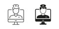 Video Online Medical Service Line and Silhouette Black Icon Set. Remote Virtual Doctor Pictogram. Telemedicine