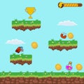 Video platform game interface design elements. Vector background and different blocks to construct your own game level. Vintage st