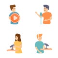 Video platform icons set cartoon vector. Guy with youtube button and microphone Royalty Free Stock Photo
