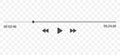 Video play bar display interface. Audio player progress for podcast, misic, radio. Vector slider, play, rewind buttons.
