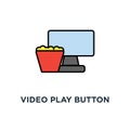 video play button icon. watch film concept symbol design, movie on the laptop display with the popcorn bucket, home cinema,