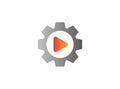 Video play icon inside a gear pinion for logo design